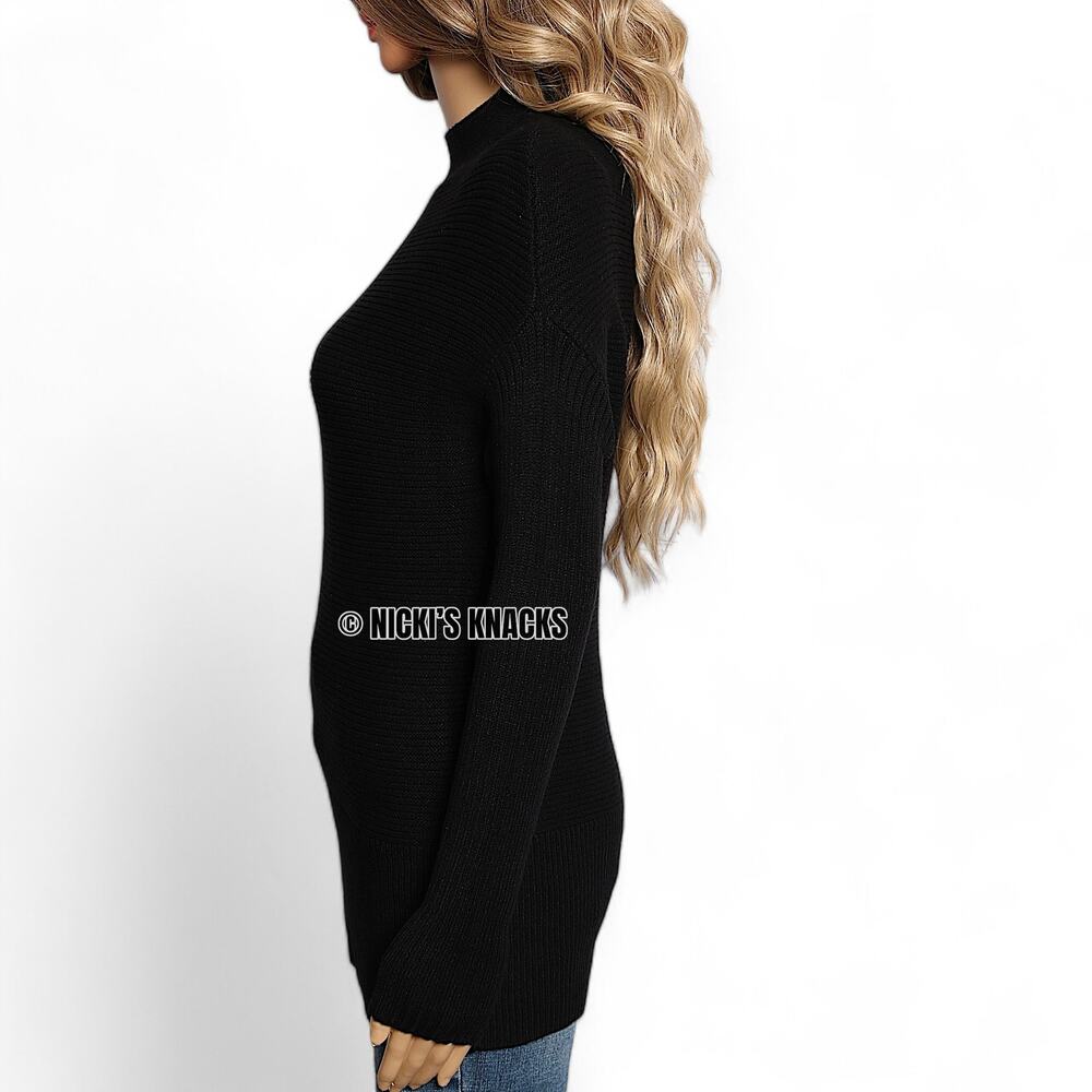 Cyrus Black Ribbed Mockneck Sweater Long Sleeve Asymmetric Knit Top Size XS - Picture 3 of 11